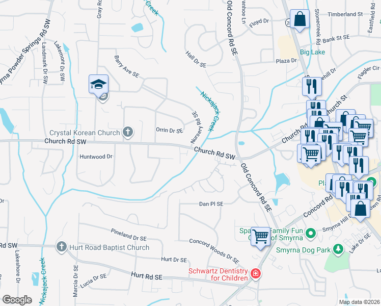 map of restaurants, bars, coffee shops, grocery stores, and more near 356 Nature Brook Walk SE in Smyrna