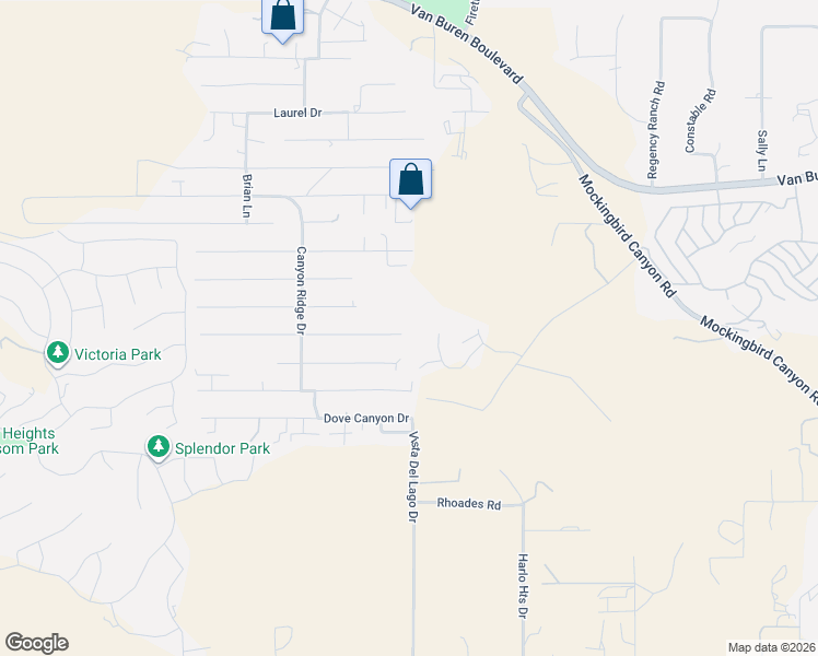 map of restaurants, bars, coffee shops, grocery stores, and more near 14499 Quailridge Drive in Riverside