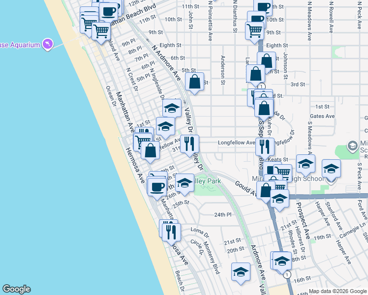 map of restaurants, bars, coffee shops, grocery stores, and more near 450 31st Street in Hermosa Beach