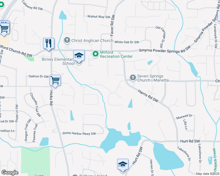 map of restaurants, bars, coffee shops, grocery stores, and more near 600 Village Lane Drive Southwest in Marietta