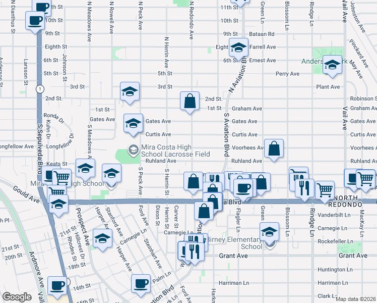 map of restaurants, bars, coffee shops, grocery stores, and more near 1652 Voorhees Avenue in Manhattan Beach