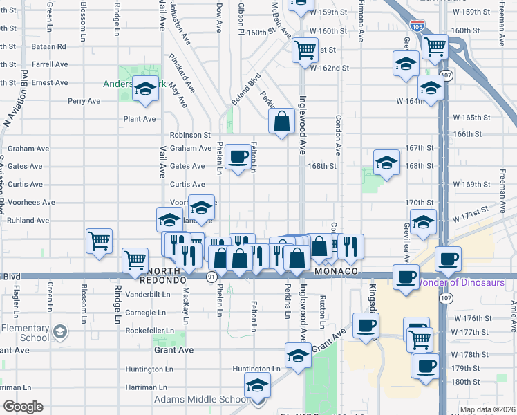 map of restaurants, bars, coffee shops, grocery stores, and more near 2602 Voorhees Avenue in Redondo Beach