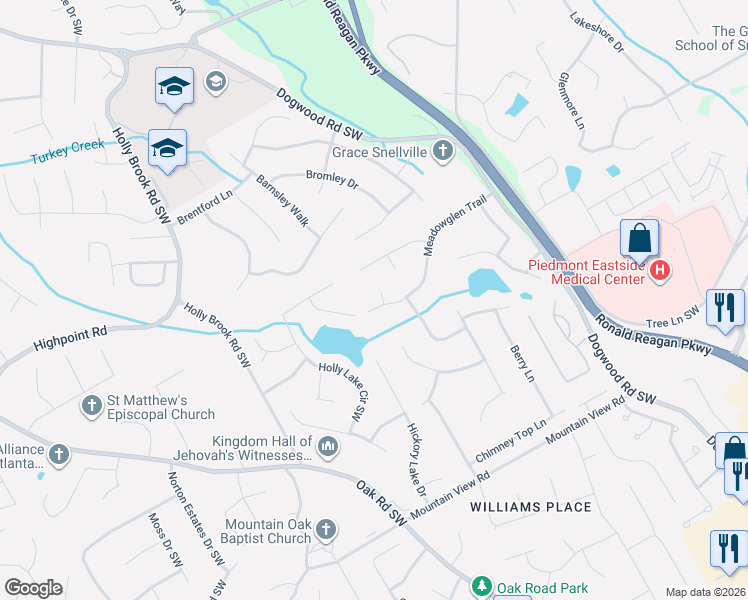 map of restaurants, bars, coffee shops, grocery stores, and more near 2572 Meadow Glen Trail in Snellville
