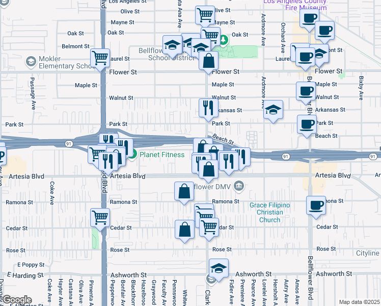 map of restaurants, bars, coffee shops, grocery stores, and more near 9326 Palm Street in Bellflower