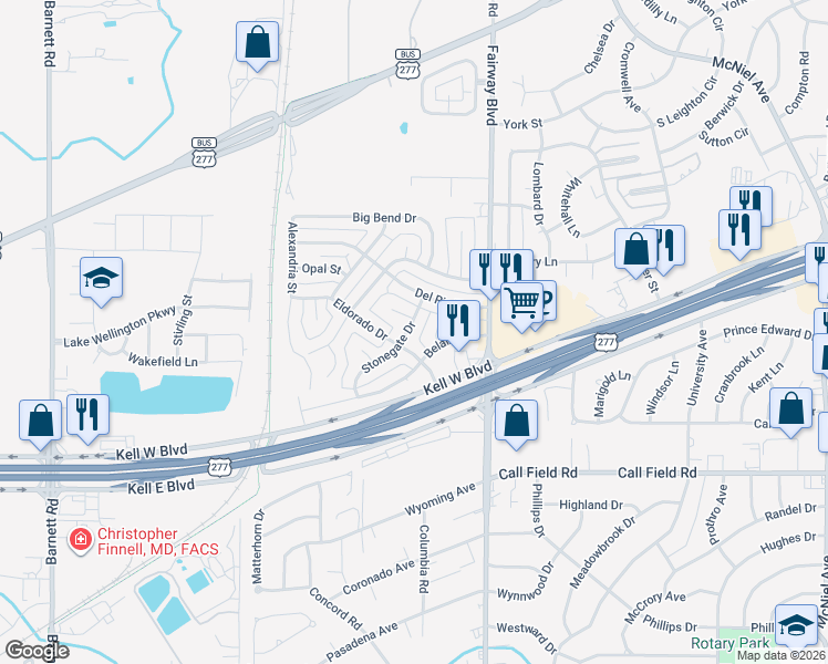 map of restaurants, bars, coffee shops, grocery stores, and more near 8 Chimney Rock in Wichita Falls