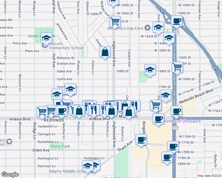 map of restaurants, bars, coffee shops, grocery stores, and more near 2704 Voorhees Avenue in Redondo Beach