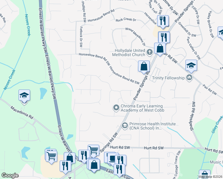 map of restaurants, bars, coffee shops, grocery stores, and more near 2442 Chauncey Lane in Marietta
