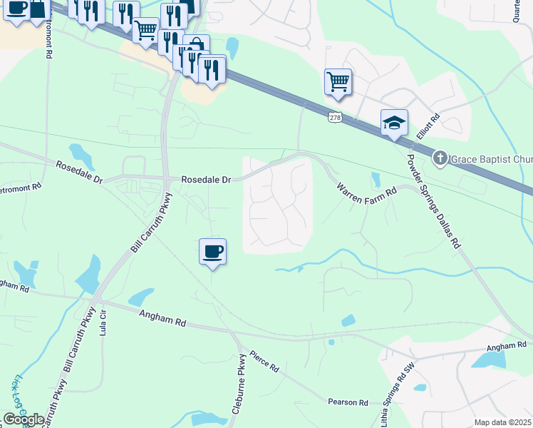 map of restaurants, bars, coffee shops, grocery stores, and more near 51 Parklin Trail in Hiram