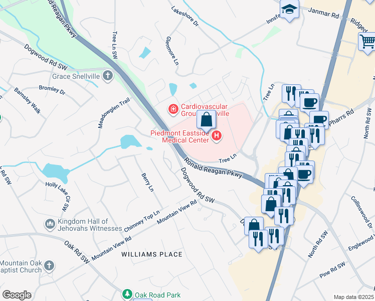 map of restaurants, bars, coffee shops, grocery stores, and more near 1700 Tree Lane in Snellville
