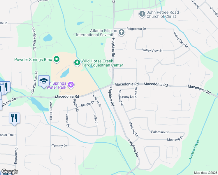 map of restaurants, bars, coffee shops, grocery stores, and more near 3191 Hopkins Road in Powder Springs