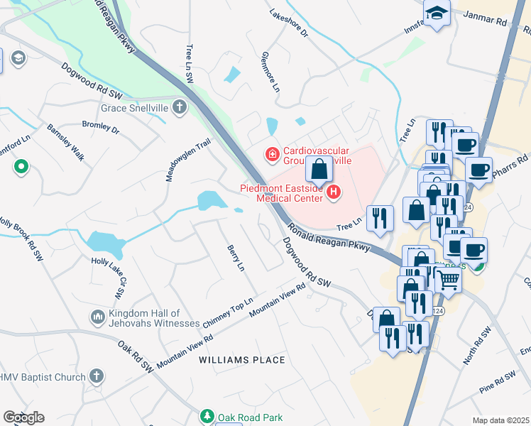 map of restaurants, bars, coffee shops, grocery stores, and more near 1610 Glenhurst Drive in Snellville