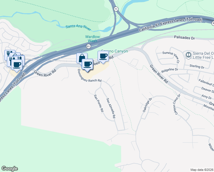 map of restaurants, bars, coffee shops, grocery stores, and more near 1411 San Almada Road in Corona