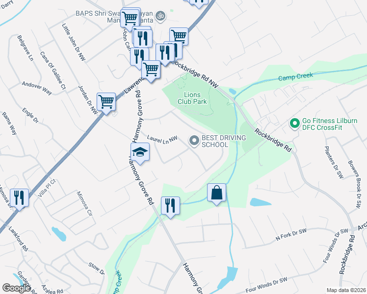 map of restaurants, bars, coffee shops, grocery stores, and more near 5577 Bob White Circle Northwest in Lilburn