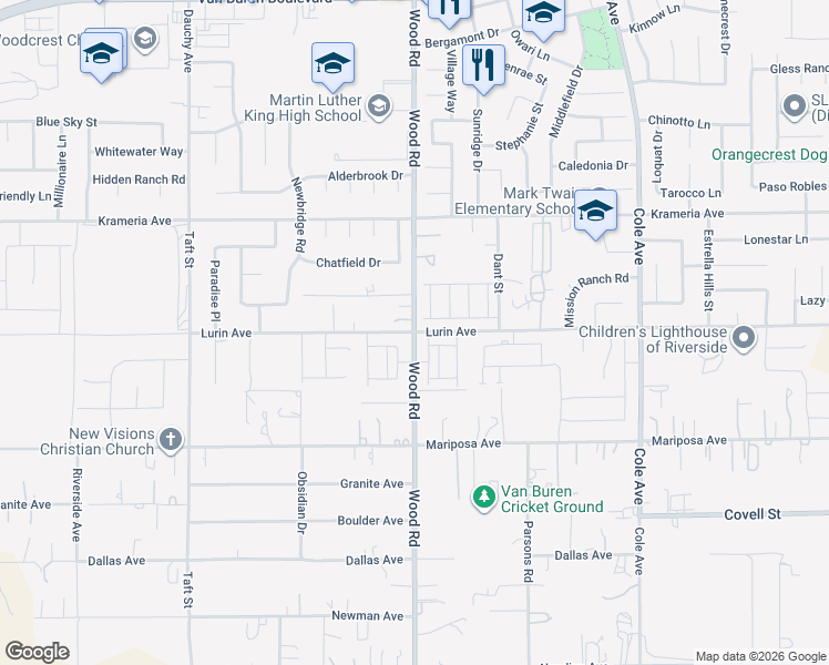map of restaurants, bars, coffee shops, grocery stores, and more near 19000 Lurin Avenue in Riverside