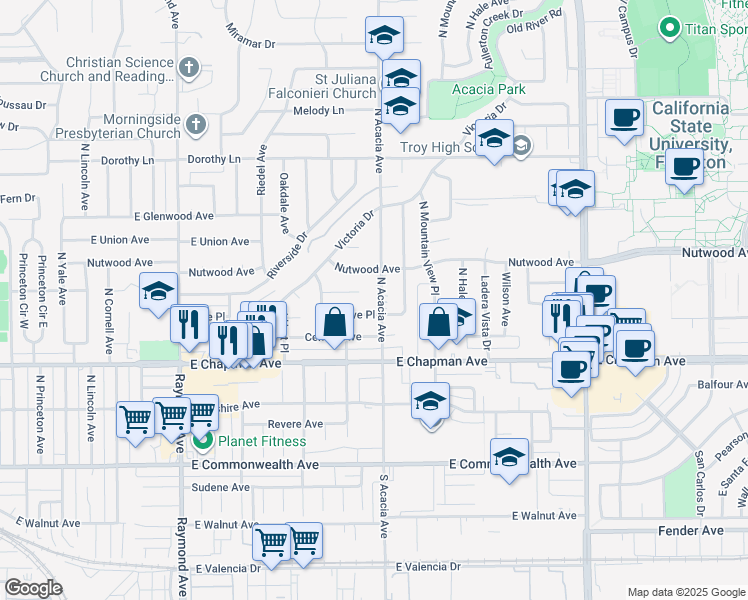 map of restaurants, bars, coffee shops, grocery stores, and more near 613 North Acacia Avenue in Fullerton