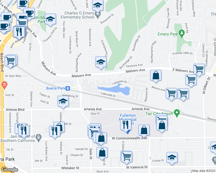map of restaurants, bars, coffee shops, grocery stores, and more near 26 Lakeside Drive in Buena Park