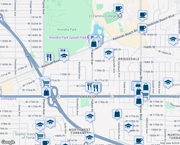 map of restaurants, bars, coffee shops, grocery stores, and more near 17022 Yukon Avenue in Torrance