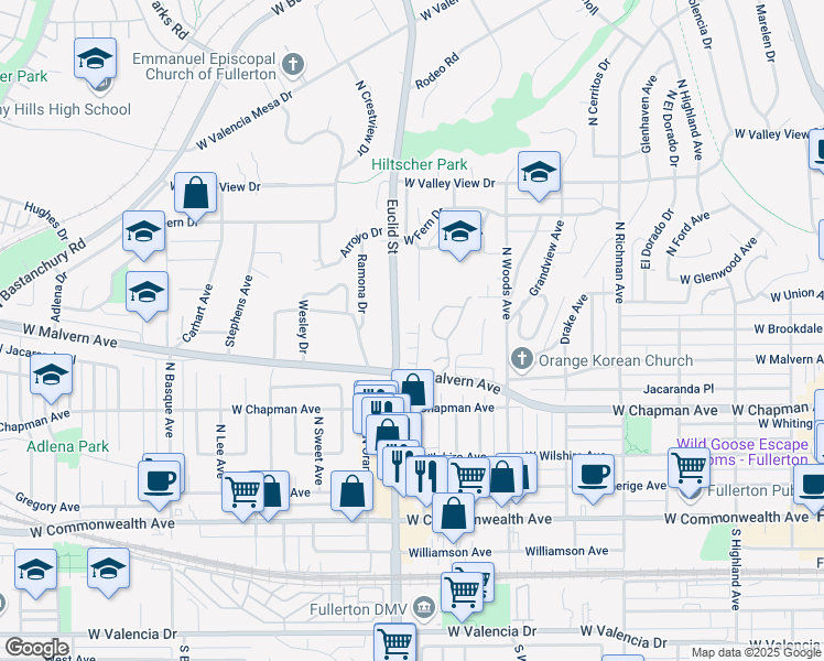 map of restaurants, bars, coffee shops, grocery stores, and more near 641 North Casa Blanca Drive in Fullerton