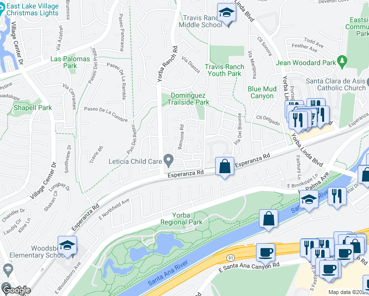 map of restaurants, bars, coffee shops, grocery stores, and more near 5841 Vía Romero in Yorba Linda