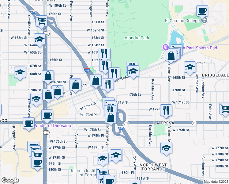 map of restaurants, bars, coffee shops, grocery stores, and more near 17002 Cordary Avenue in Torrance