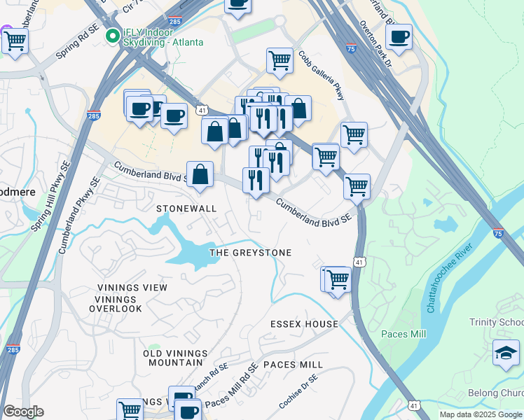 map of restaurants, bars, coffee shops, grocery stores, and more near 3330 Cumberland Parkway in Atlanta