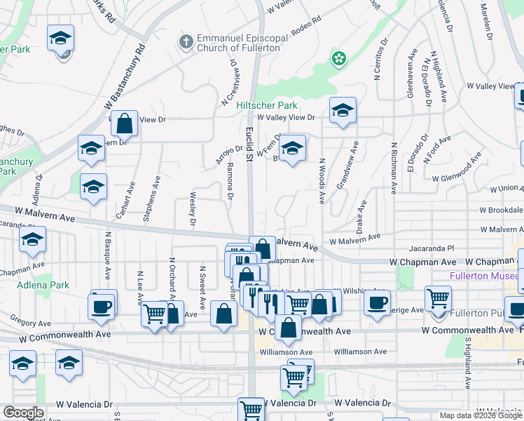 map of restaurants, bars, coffee shops, grocery stores, and more near 641 North Casa Blanca Drive in Fullerton