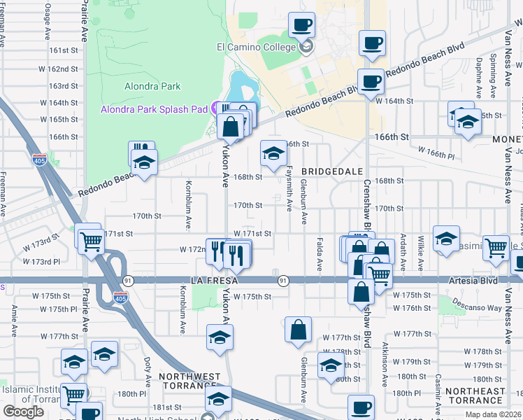 map of restaurants, bars, coffee shops, grocery stores, and more near 3424 170th Street in Torrance