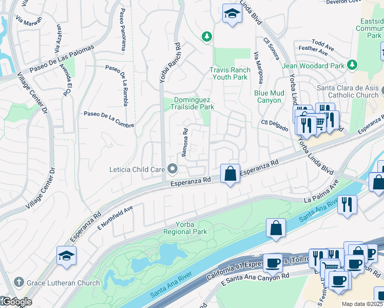 map of restaurants, bars, coffee shops, grocery stores, and more near 5856 Vía Romero in Yorba Linda