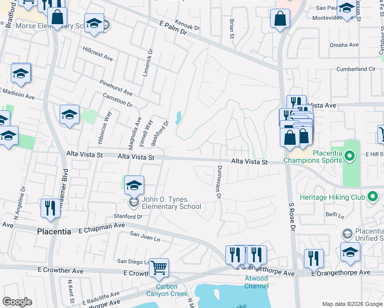 map of restaurants, bars, coffee shops, grocery stores, and more near 800 East Newton Lane in Placentia