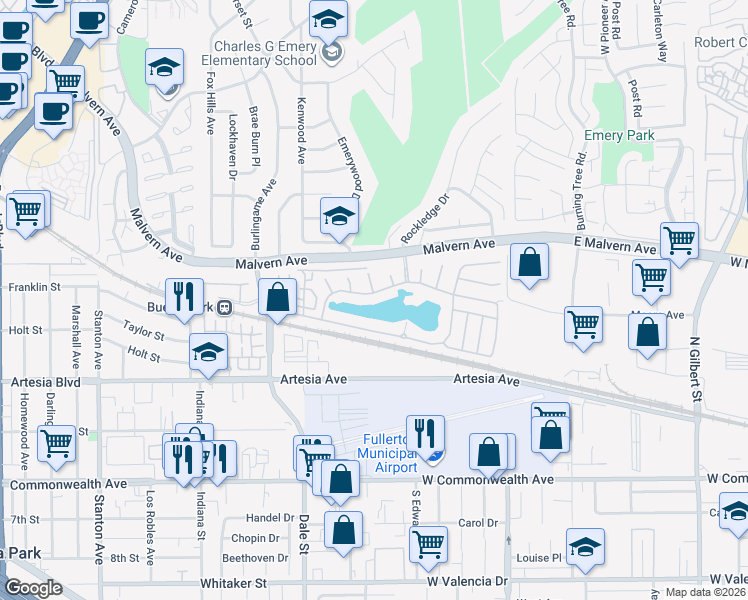 map of restaurants, bars, coffee shops, grocery stores, and more near 26 Lakeside Drive in Buena Park