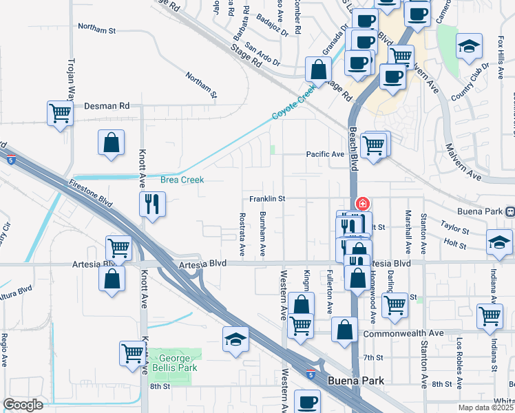 map of restaurants, bars, coffee shops, grocery stores, and more near 5792 Rostrata Avenue in Buena Park