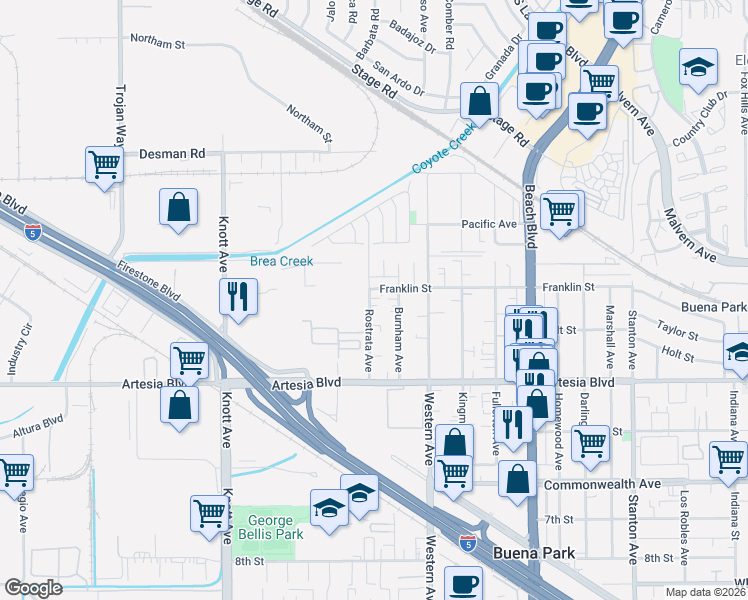 map of restaurants, bars, coffee shops, grocery stores, and more near 5792 Rostrata Avenue in Buena Park