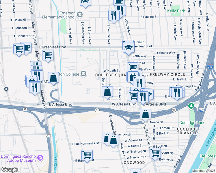 map of restaurants, bars, coffee shops, grocery stores, and more near 6703 Harbor Avenue in Long Beach