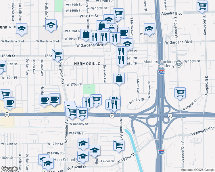 map of restaurants, bars, coffee shops, grocery stores, and more near 17018 Berendo Avenue in Gardena