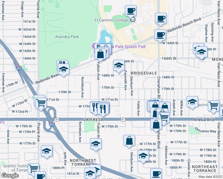 map of restaurants, bars, coffee shops, grocery stores, and more near 3480 170th Street in Torrance