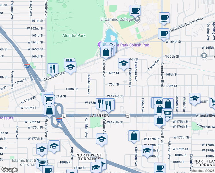 map of restaurants, bars, coffee shops, grocery stores, and more near 17022 Yukon Avenue in Torrance