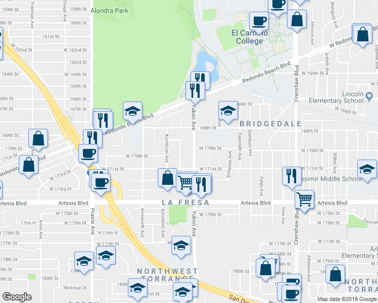 map of restaurants, bars, coffee shops, grocery stores, and more near 17022 Yukon Avenue in Torrance