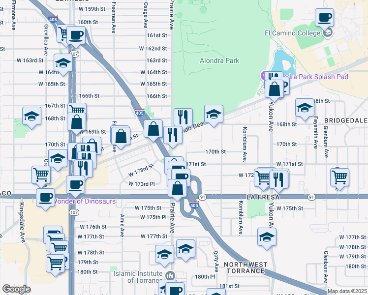 map of restaurants, bars, coffee shops, grocery stores, and more near 17002 Cordary Avenue in Torrance