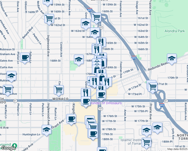 map of restaurants, bars, coffee shops, grocery stores, and more near 17023 Hawthorne Boulevard in Lawndale
