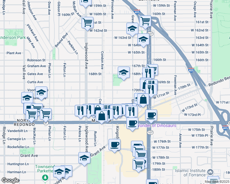 map of restaurants, bars, coffee shops, grocery stores, and more near 4579 West 171st Street in Lawndale