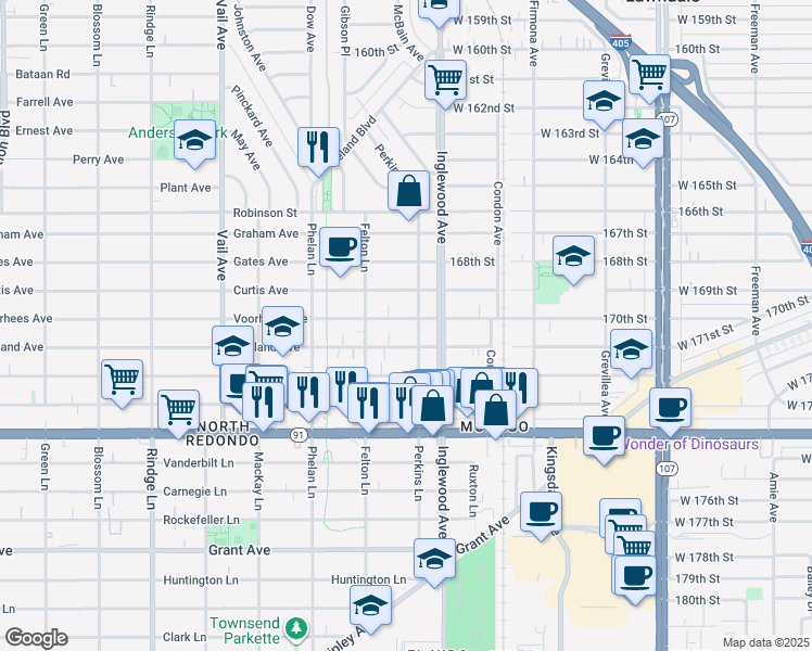 map of restaurants, bars, coffee shops, grocery stores, and more near 2302 Perkins Lane in Redondo Beach