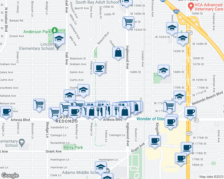 map of restaurants, bars, coffee shops, grocery stores, and more near 2611 Ruhland Avenue in Redondo Beach