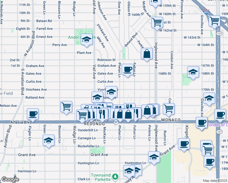 map of restaurants, bars, coffee shops, grocery stores, and more near 2305 Phelan Lane in Redondo Beach