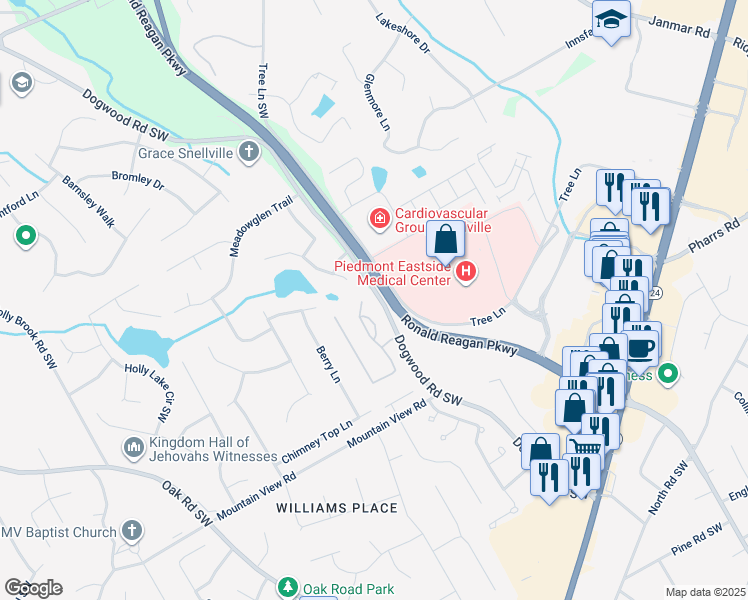 map of restaurants, bars, coffee shops, grocery stores, and more near 1610 Glenhurst Drive in Snellville