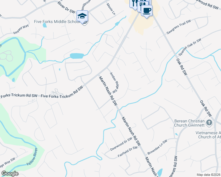 map of restaurants, bars, coffee shops, grocery stores, and more near 1132 Martin Nash Road Southwest in Lilburn