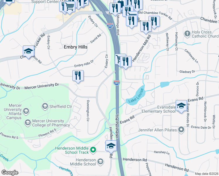 map of restaurants, bars, coffee shops, grocery stores, and more near 3003 Medinah Court in Chamblee