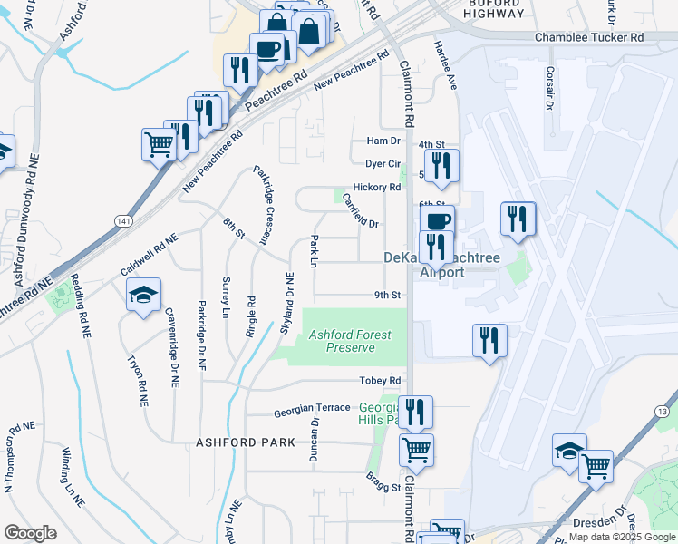 map of restaurants, bars, coffee shops, grocery stores, and more near 1861 8th Street in Chamblee