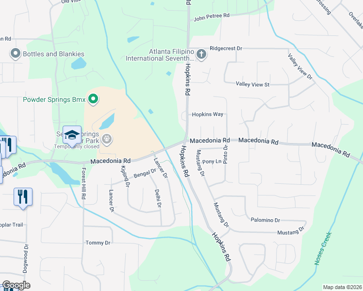 map of restaurants, bars, coffee shops, grocery stores, and more near 3641 Macedonia Road in Powder Springs