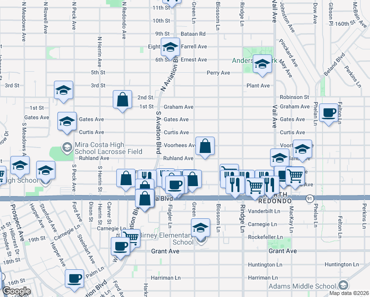 map of restaurants, bars, coffee shops, grocery stores, and more near 1926 Voorhees Avenue in Redondo Beach