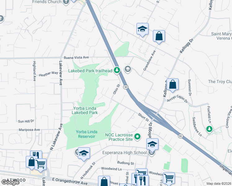 map of restaurants, bars, coffee shops, grocery stores, and more near 5832 Ohio Street in Yorba Linda